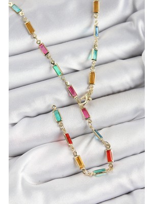 İlkyaz Fashion Pirinç Renkli Zirkon Taşlı Dikdörtgen Model Gold Renk Kadın Y Kolye - TJ-BKO10384
