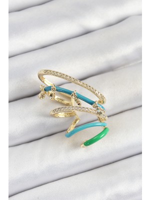 İlkyaz Fashion Pirinç Zirkon Taşlı Mavi Yeşil Sıkıştırma Sağ Kıkırdak Gold Renk Kadın Küpe - TJ-BKP107