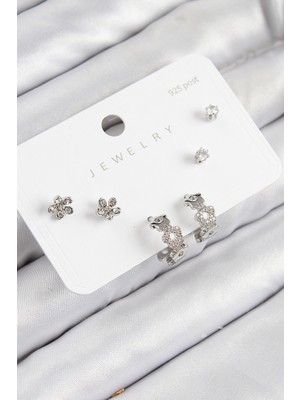 İsmiyle Al Pirinç Zirkon Taşlı Halka Model Gümüş Renk 925 Ayar Gümüş Çivi Kadın Küpe Set