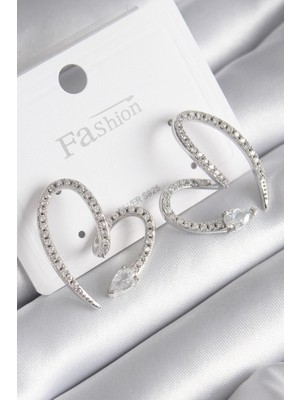 İlkyaz Fashion Pirinç Gümüş Renk Zirkon Taşlı Yılan Kalp Model Kadın Küpe - TJ-BKP9742