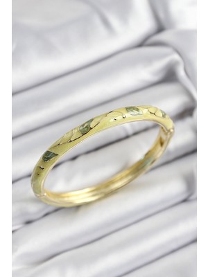 İlkyaz Fashion Mineli Pirinç Fıstık Yeşili Yaprak Motifli Gold Renk Kadın Kelepçe - TJ-BB7387