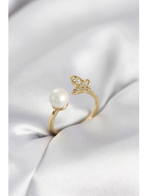 İlkyaz Fashion Incili Model Gold Renk Zirkon Taşlı Kadın Yüzük - TJ-BYK4131