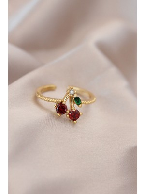 İlkyaz Fashion Ayarlamalı Gold Renk Metal Renkli Zirkon Taşlı Kiraz Yüzük - TJ-BYK2081