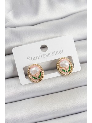 İsmiyle Al Pirinç Pembe Mineli Lale Figürlü Sanatsal Portre Model Gold Renk Kadın Küpe