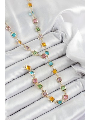 İlkyaz Fashion Pirinç Asorti Kare Model Gold Renk Zirkon Taşlı Y Kolye - TJ-BKO10253
