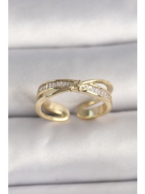 İlkyaz Fashion Pirinç Gold Renk Zirkon Taşlı Yıldız Detaylı Ayarlanabilir Kadın Yüzük - TJ-BYK3573