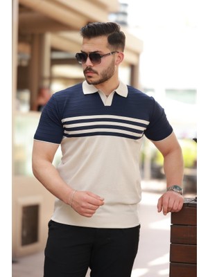 Emh Store Erkek Çizgi Desenli Yakalı Kısa Kollu T-Shirt