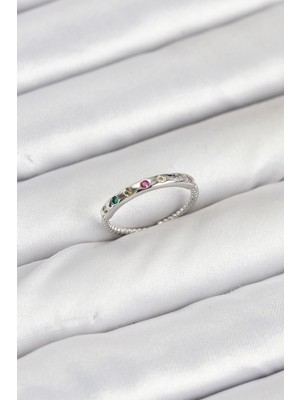 İlkyaz Fashion Pirinç Gümüş Renk Renkli Zirkon Taşlı Kadın Yüzük - TJ-BYK3885