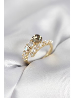 İlkyaz Fashion Gold Renk Pirinç Zirkon Taşlı Incili Kadın Yüzük - TJ-BYK4036
