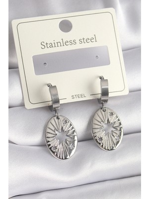 Eco Lounge 316L Çelik Gümüş Renk Kutup Yıldızı Işleme Kadın Küpe