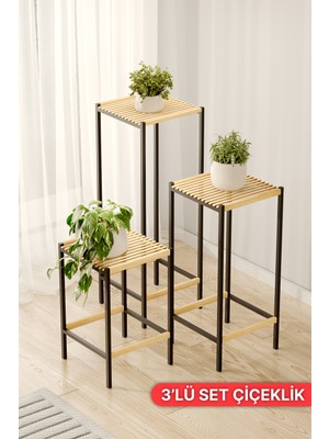  Bino 3'lü Set Dekoratif Çiçeklik Takımı - 50-70-90 cm Ahşap Tablalı Metal Saksı Standı Iskandinav