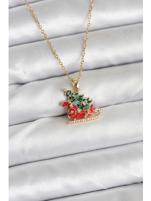 İlkyaz Fashion 316L Çelik Zincir Gold Renk Kızak ve Çam Ağacı Figürlü Yılbaşı Temalı Kadın Kolye - Tj-B