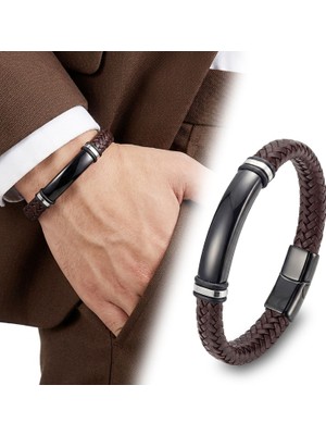Fm 💎 Premium İsim Yazılabilir Kahverengi Deri Ve Siyah Titanyum Kilit Bileklik 31833B15D11  - 20 cm