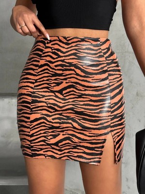 Epilons Tek Yırtmaçlı Zebra Desenli Deri Etek Kahvesiyah W24475-S