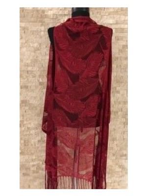 İlkyaz Fashion Pareo Dantel Yelek Mayo Bikini Üzeri Yaprak Desenli Püsküllü Plaj Elbisesi - Bordo