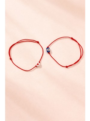 Crystal Atelier 2 Adet Kalpli Sevgili Bilekliği, Arkadaşlık Bilekliği, Çift Best Frend Bilekliği, Kırmızı Kalp Nazar Boncuklu Ip Bileklik