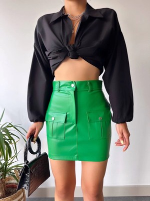 Epilons Önden Iki Cepli Deri Etek Yeşil H240040