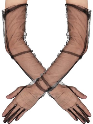 İlkyaz Fashion Uzun Boy Likralı Siyah Renk Yetişkin Mega Tül Eldiven 53 cm