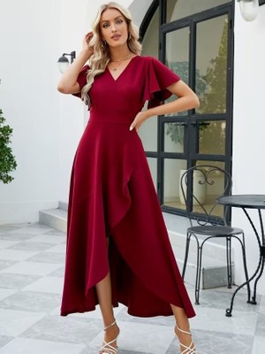 Moda Loris Kadın Kısa Kollu Kruvaze Yakalı Ön Asimetrik Volanlı Uzun Ithal Krep Elbise
