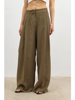Antioch Haki Lyocell Karışımlı Geniş Paça Kadın Pantolon
