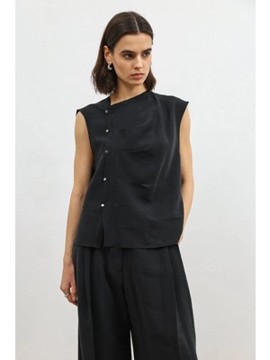 Antioch Siyah Lyocell Karışımlı Düğmeli Kadın Top