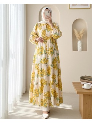 Modamorfo Kolu Lastikli Yarım Düğmeli Desenli Modal Elbise  -Hardal