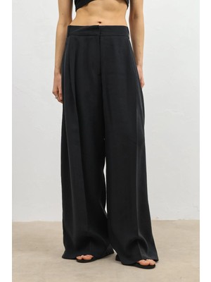 Antioch Siyah Lyocell Karışımlı Geniş Paça Kadın Pantolon