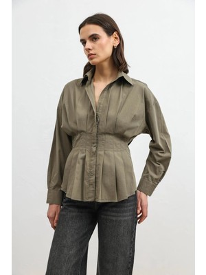 Antioch Haki Pilili Poplin Kadın Gömlek