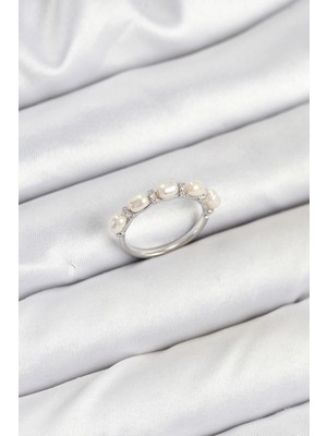 Eco Lounge Pirinç Gümüş Renk Sıralı Incili Kadın Yüzük