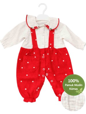 Kız Bebek Müslin Salopet Takım – %100 Pamuk Müslin Kumaş Puantiyeli Kırmızı Bebek Tulum 0-12 Ay