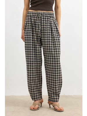 Antioch Kahve Ayarlayanabilir Paça Ekoseli Kadın Pantolon