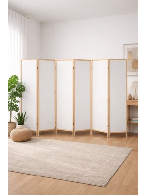 6 Kanatlı 45 ×175 cm Katlanabilir Modern Beyaz Desenli Ahşap Seperatör Paravan Mdf