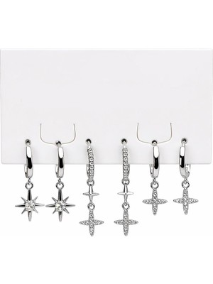 New Obsessions 6 Adet Gümüş Rengi Taşlı Küpe Seti