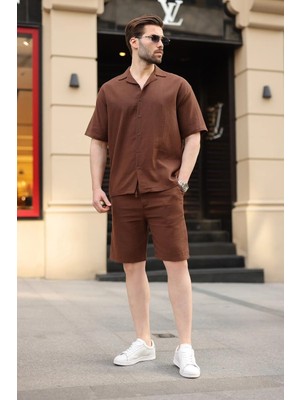 Madmext Acı Kahverengi %100 Pamuklu Erkek Şort Gömlek Takım E7360