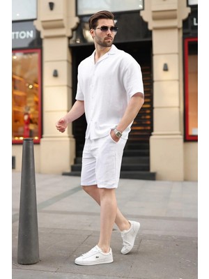 Madmext Beyaz %100 Pamuklu Erkek Şort Gömlek Takım E7360