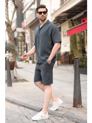Madmext Füme %100 Pamuklu Erkek Şort Gömlek Takım E7360