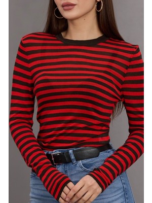 Fehu Bloom Kadın Kırmızı Çizgili Uzun Kollu Bluz