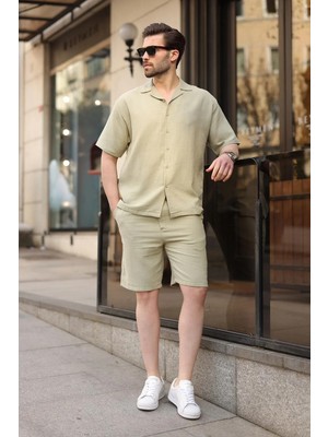 Madmext Mint Yeşili %100 Pamuklu Erkek Şort Gömlek Takım E7360