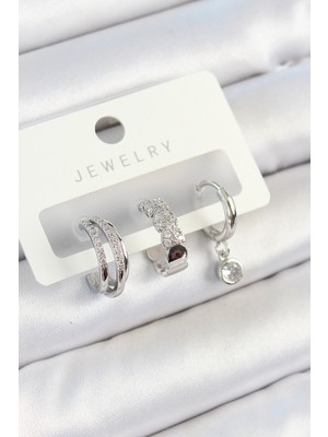 Eco Lounge Pirinç Zirkon Taşlı Halka Model Gümüş Renk 3'lü Çift Kadın Küpe Set