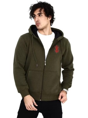 Emh Store Unisex Baskılı Tam Fermuarlı Kapşonlu Sweatshirt - Haki