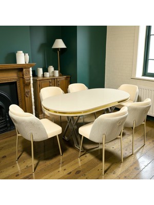 Msy Home 6 Kişilik Aura Gold Serisi Beyaz Lake Oval Yemek Masası ve Puffy Krem Sandalye Takımı Modern