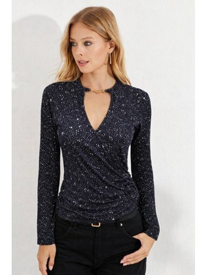 Moda Loris Kadın Uzun Kollu Kruvaze Yakalı Aksesuarlı Dalgıç Bluz