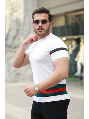 Livizmir Moda Erkek Bisiklet Yaka Bel ve Kol Şerit Desenli Kısa Kollu Tişört