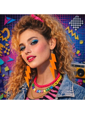 Pileli Store 80 Ler 90 Lar Retro Neon Turuncu Şimşek Küpe 10 cm