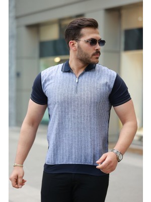 Livizmir Moda Erkek Fermuar Yakalı Çizgili Kısa Kollu Tişört