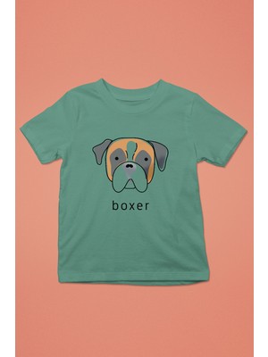 Darkhane Boxer - Köpek Baskılı Unisex Su Yeşili Çocuk Tişört - T-Shirt CT001