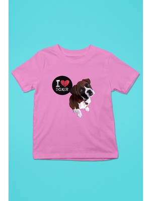 Darkhane Boxer Seviyorum - Köpek Baskılı Unisex Pembe Çocuk Tişört - T-Shirt CT002
