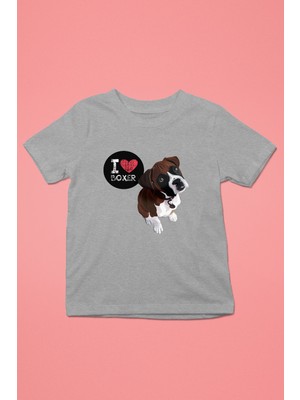 Darkhane Boxer Seviyorum - Köpek Baskılı Unisex Gri Melanj Çocuk Tişört - T-Shirt CT006
