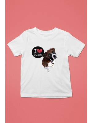 Darkhane Boxer Seviyorum - Köpek Baskılı Unisex Beyaz Çocuk Tişört - T-Shirt CT007