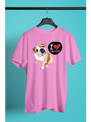 Darkhane Buldog Seviyorum - Köpek Baskılı Unisex Pembe Tişört - T-Shirt UT002
